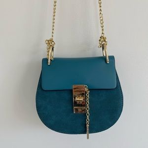 Blue Suede + Faux Leather Bag with Gold Chains